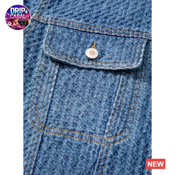 Oversized Boyfriend Jean Jacket Textured Denim Long Sleeve Button Up Tunic - Picture 6 of 7